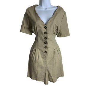 Essue Beige Short Sleeve V-Neck Pleated Button Front Pockets Romper Women’s Sz L